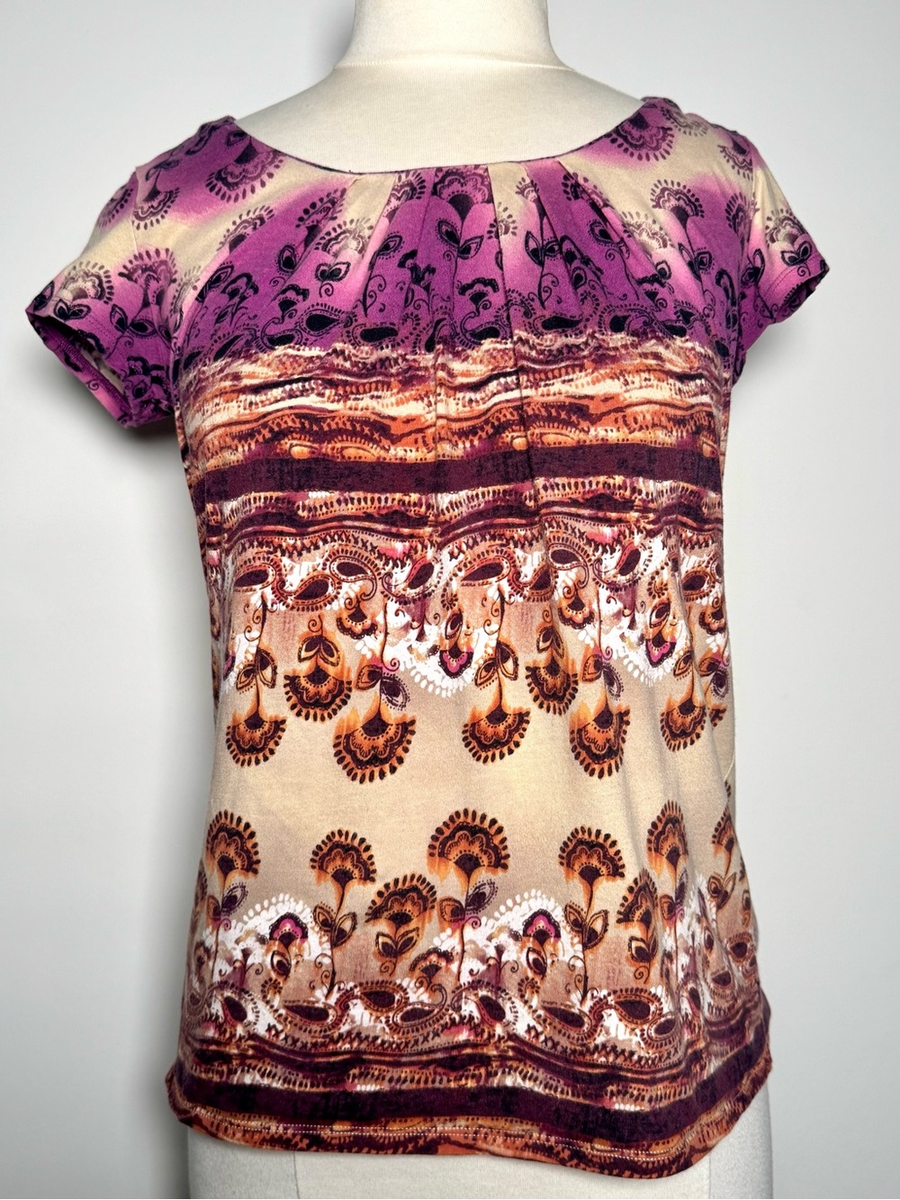 Liz Claiborne Purple Paisley Dandelions Print Cap Sleeve Top M Nice Casual Shirt